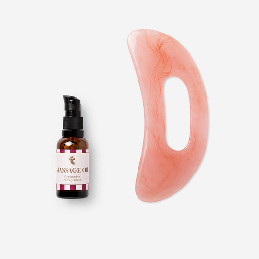Massage set with gua sha and massage oil - Pomegranate fragrance.