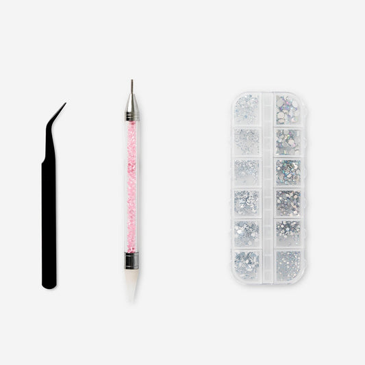 Nail decorating kit with rhinestones and applicator