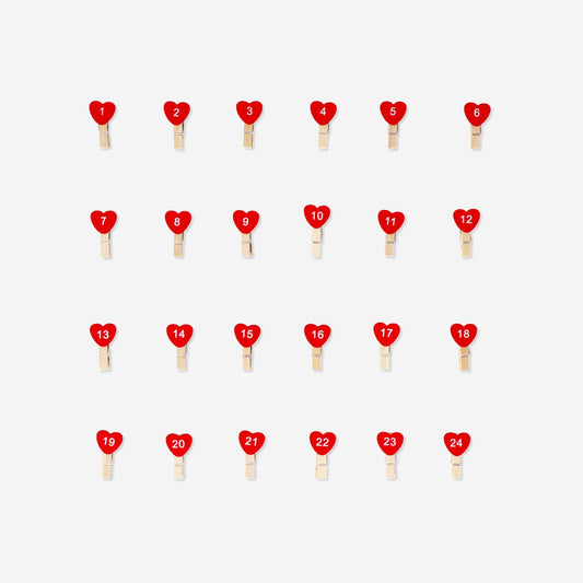 Pegs with hearts and numbers - 24 pcs