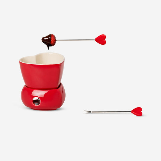 Red chocolate fondue set with 2 forks