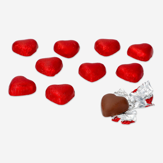 Red chocolate hearts in net