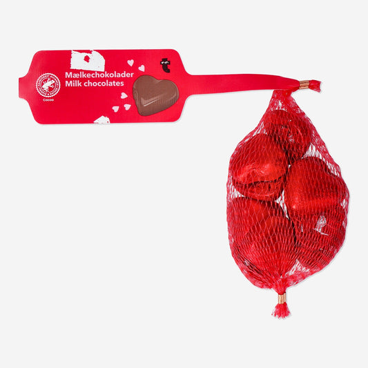 Red chocolate hearts in net