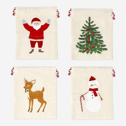 Sacs de Noël réutilisables en coton - 4 pcs