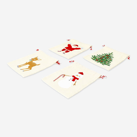 Sacs de Noël réutilisables en coton - 4 pcs