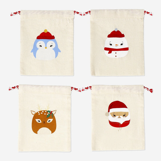 Reusable cotton gift bags with Christmas motifs - 4 pcs