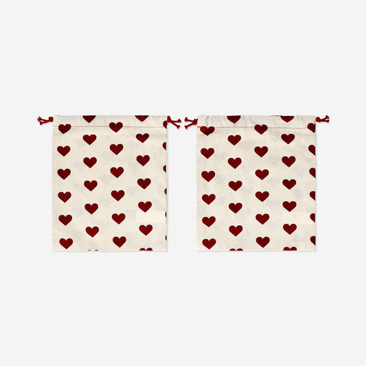 Reusable cotton gift bags with hearts - 2 pcs