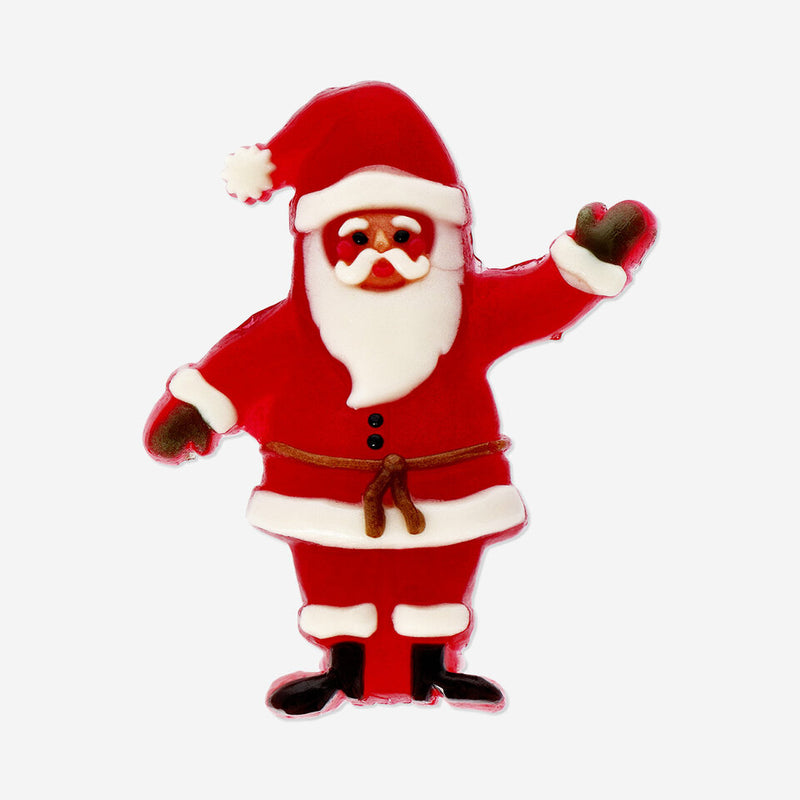 Red and white Santa Claus decoration with a waving hand, black boots, and a brown belt, displayed on a plain white background.