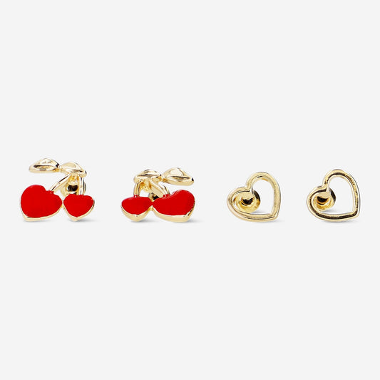 Set of cherry and heart ear studs - 2 pcs