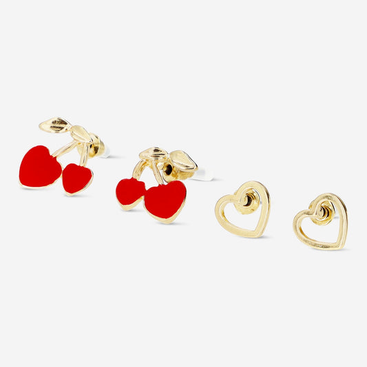 Set of cherry and heart ear studs - 2 pcs