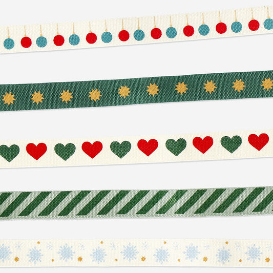 Set of cotton ribbon with Christmas pattern - 5 pcs