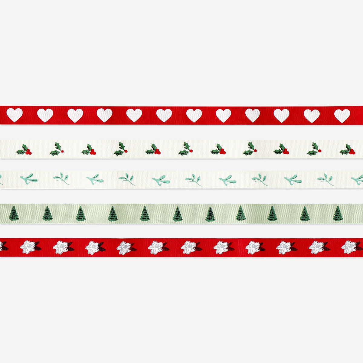 Set of Cotton Ribbon with Hollies and Christmas Trees - 5 pcs Party Flying Tiger Copenhagen 