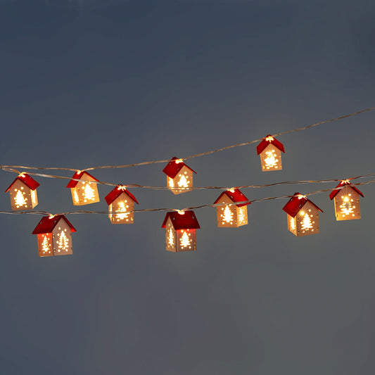 String lights with a timer and wooden houses - 287 cm