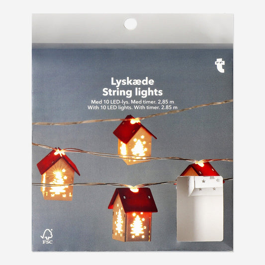 String Lights met tijdschakelaar en houten huisjes - 287 cm