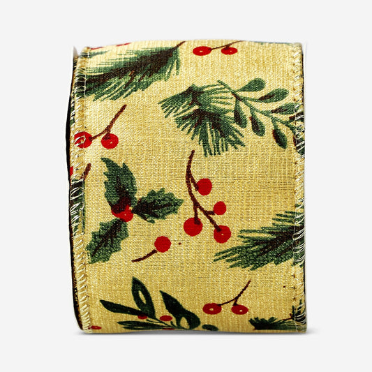 Wide ribbon with holly print - 3 m