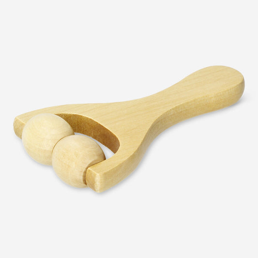 Wooden massage roller for body with two wheels