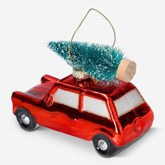 Christmas bauble. Car with Christmas tree