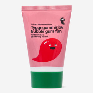 Strawberry-flavored Bubble Gum Fun by Flying Tiger Copenhagen, colorful packaging with bubble gum pieces visible inside.