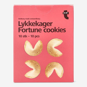 Assorted fortune cookies from Flying Tiger Copenhagen, 10-piece food set with crispy, golden-brown cookies featuring printed fortunes inside.