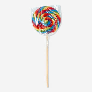 Fruit-flavored Flying Tiger Copenhagen lollipop with colorful swirls and shiny coating, showcasing a sweet, vibrant candy treat.