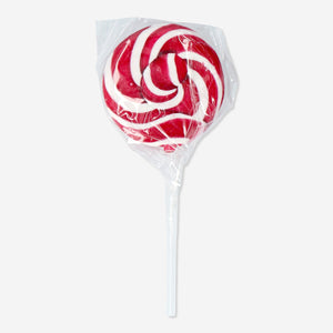 Raspberry-flavored Flying Tiger Copenhagen lollipop showing bright red candy on a stick, sweet and colorful food treat.