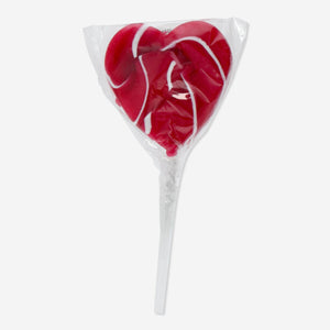 Strawberry-flavored Flying Tiger Copenhagen lollipop with bright red color and round shape, ready to enjoy.