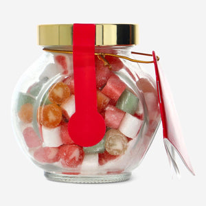 Mini boiled sweets in fruity flavors from Flying Tiger Copenhagen, colorful candies arranged in a close-up shot.