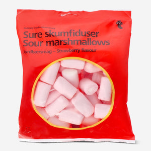 Flying Tiger Copenhagen sour marshmallows in strawberry flavor, colorful and chewy candy perfect for snacking or dessert.