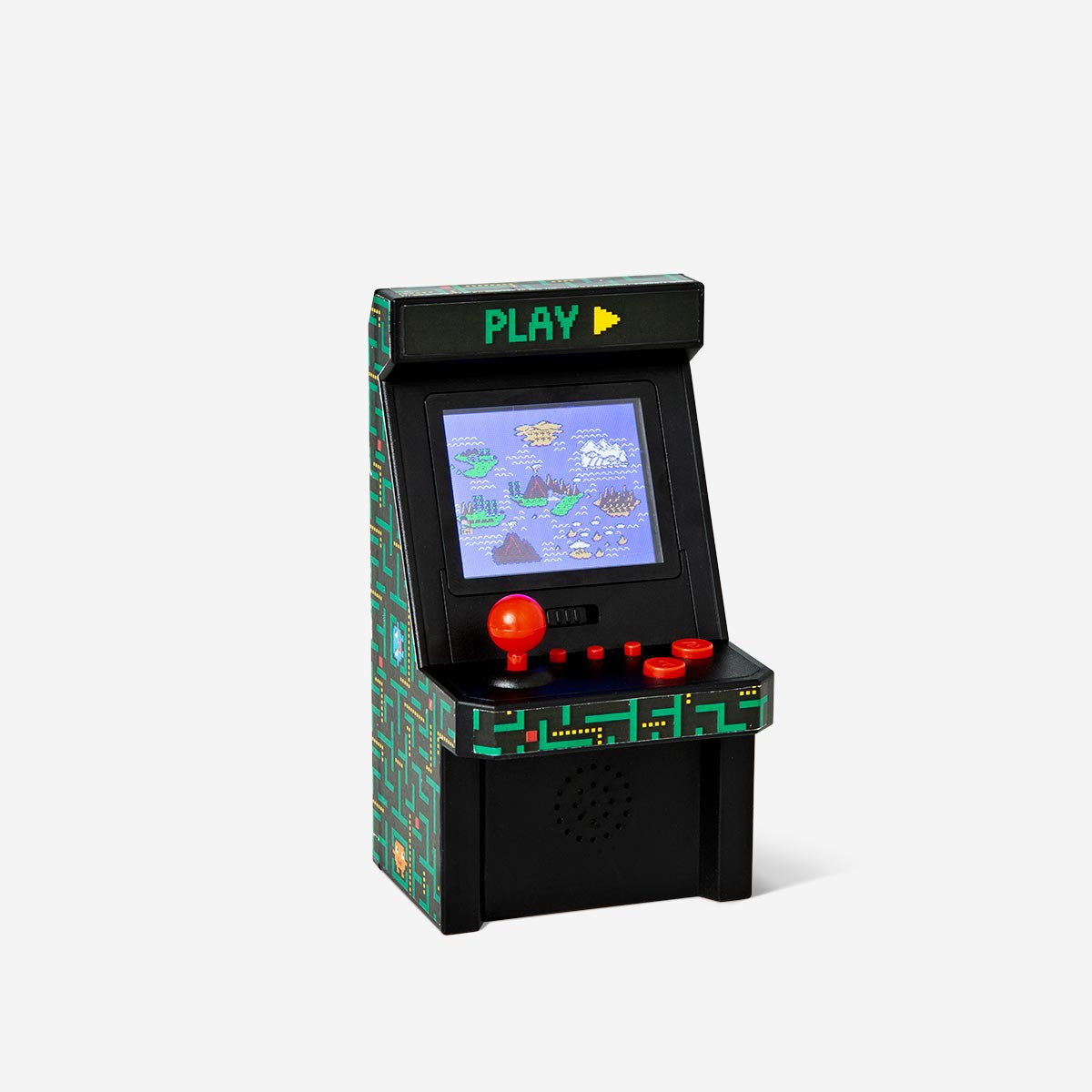 Mini arcade machine gadget by Flying Tiger Copenhagen featuring a colorful screen and 100 classic arcade games.