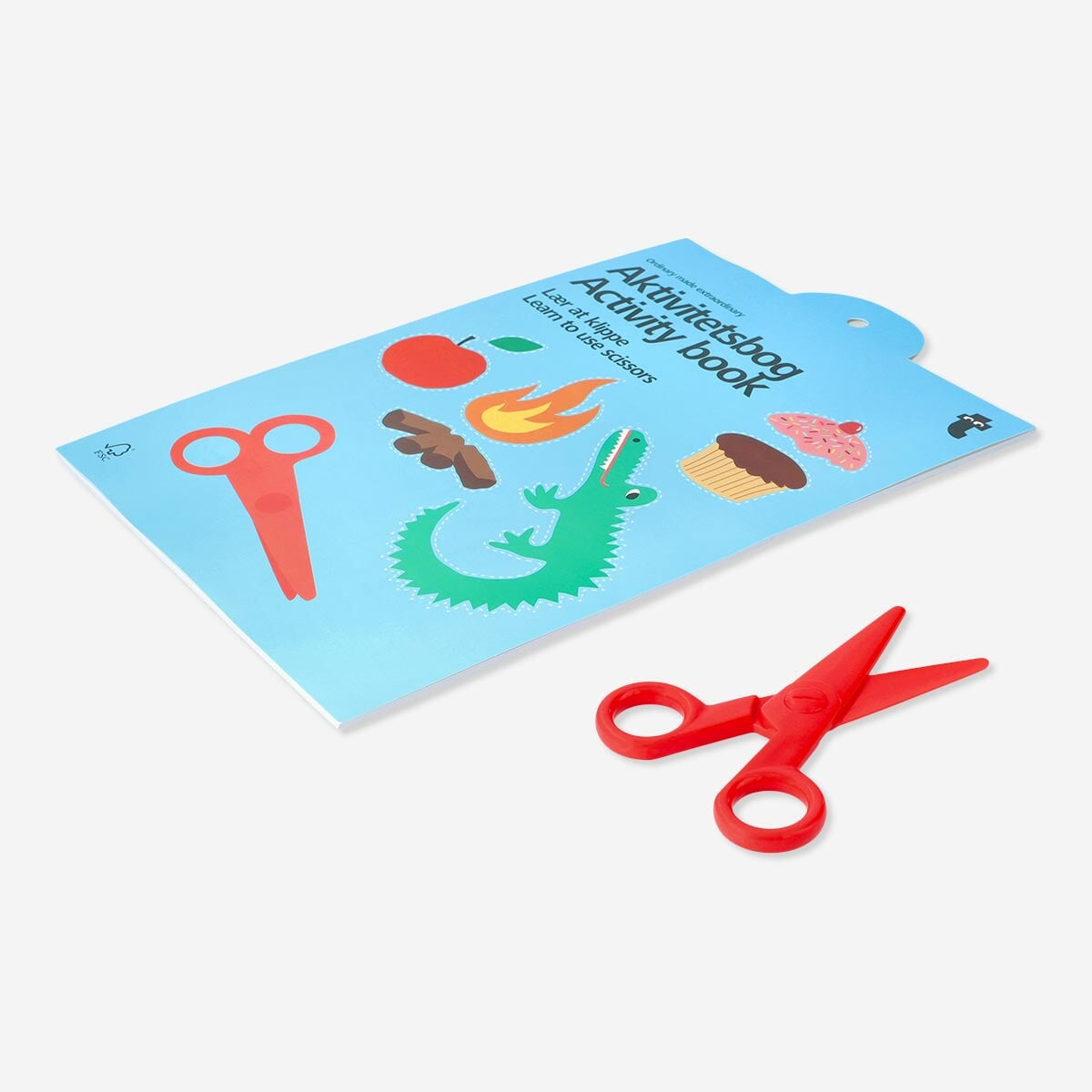Flying Tiger Copenhagen activity book for learning to use scissors, designed for hobbies and craft projects.