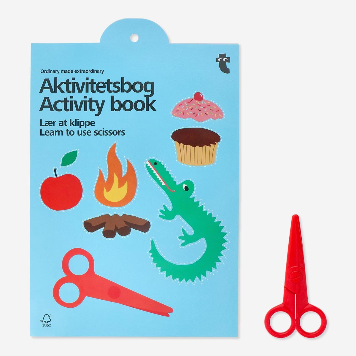 Flying Tiger Copenhagen activity book for learning to use scissors, with colorful illustrations and step-by-step instructions.