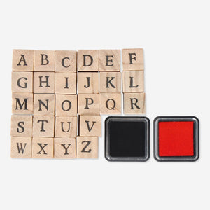 Flying Tiger Copenhagen A-Z stamp set for hobbies, featuring alphabet letter stamps in colorful packaging.