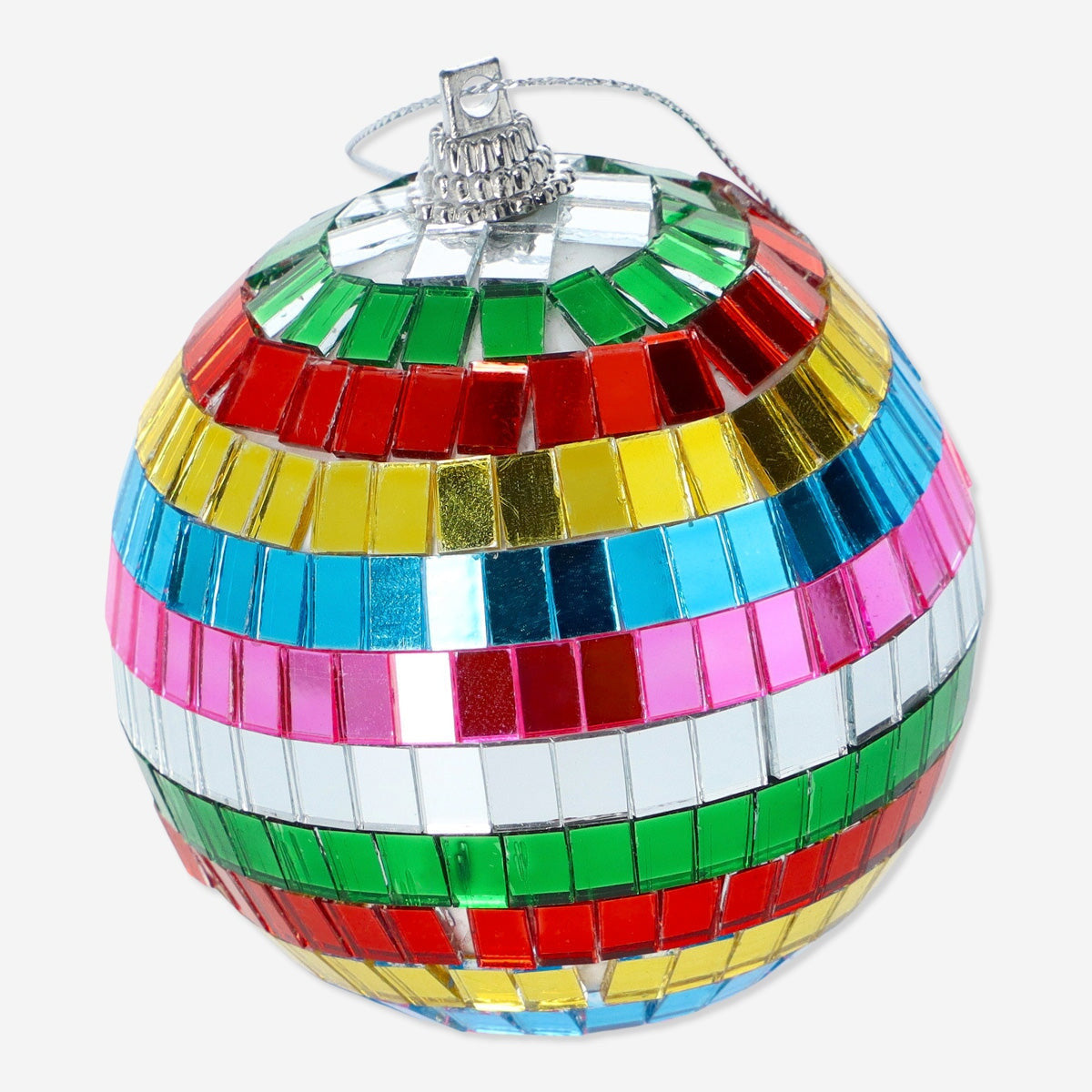 Flying Tiger Copenhagen Christmas bauble disco ball hangs as a festive home decoration with shiny, reflective surface.