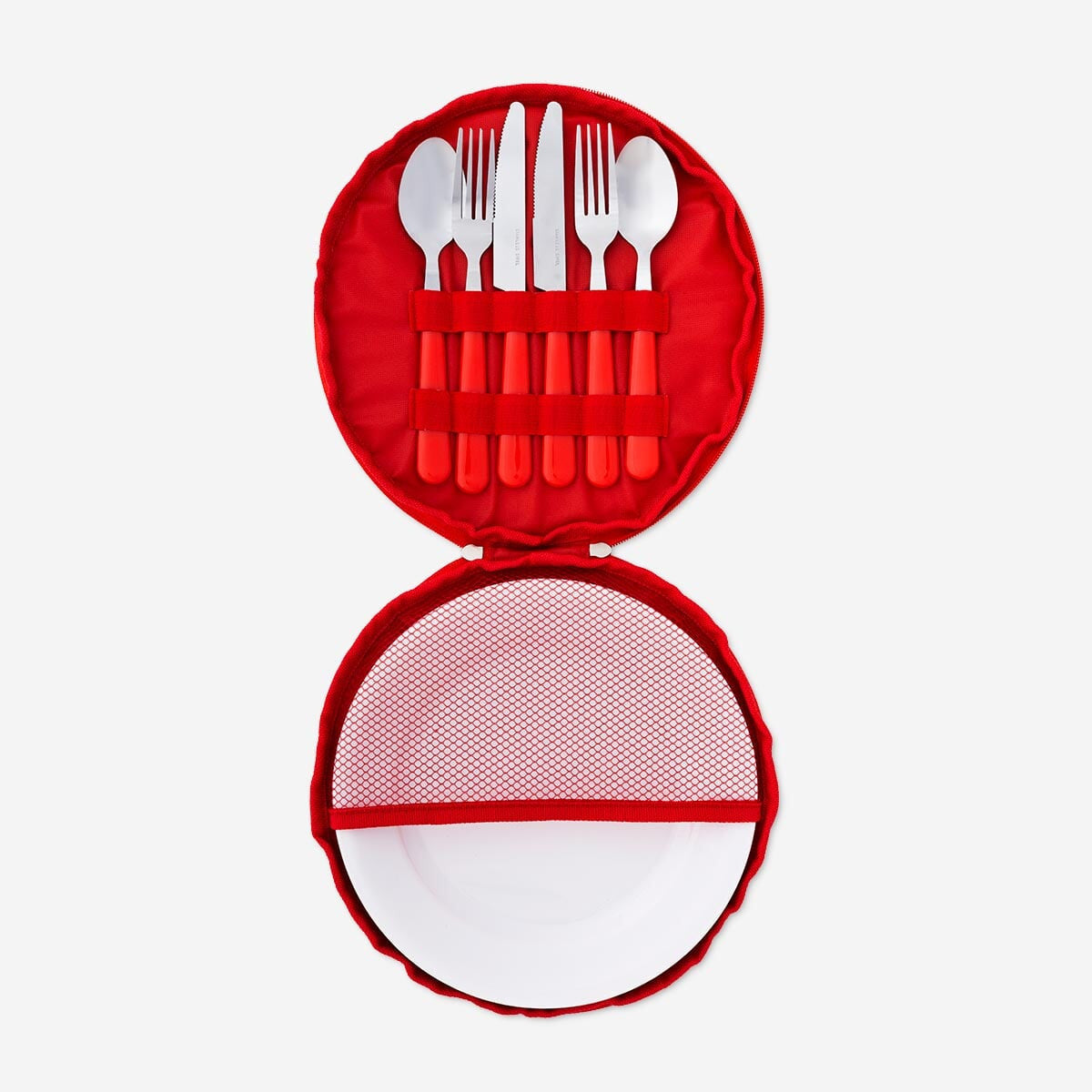 Kitchen picnic set for 2 people by Flying Tiger Copenhagen, includes plates, utensils, and cups for outdoor dining.