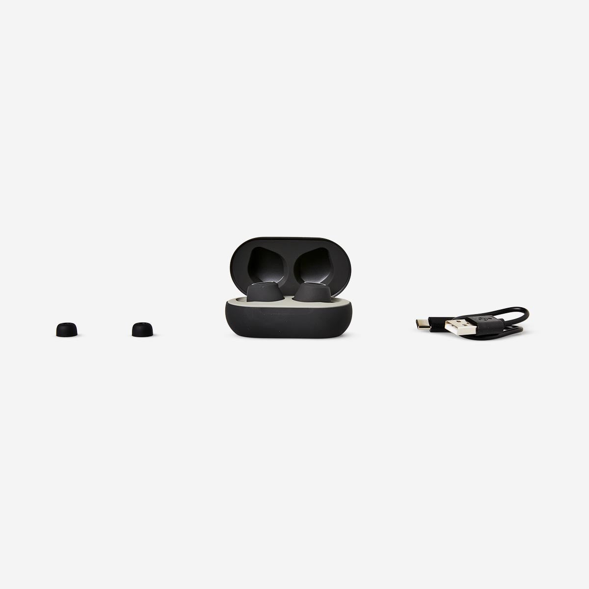 Black wireless in-ear headphones from Flying Tiger Copenhagen, designed for media use with sleek, compact earbuds.