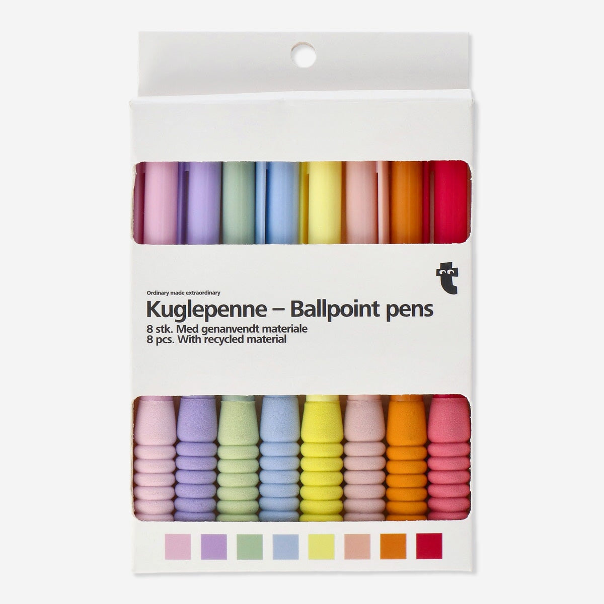 Set of 8 Flying Tiger Copenhagen office ballpoint pens with colorful bodies and metal tips for smooth writing.