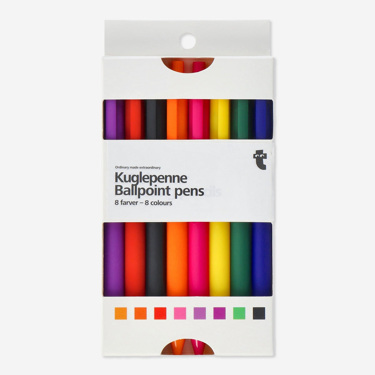 Set of 8 colourful ballpoint pens from Flying Tiger Copenhagen, ideal for office writing and note-taking.