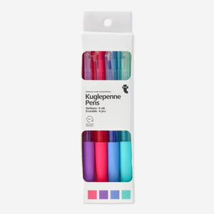 Set of four Flying Tiger Copenhagen erasable office pens with colorful barrels and fine tips for smooth writing.