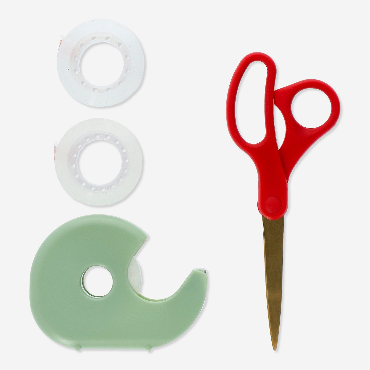 Flying Tiger Copenhagen office gift wrapping tools including scissors, tape, and ribbons for wrapping presents.