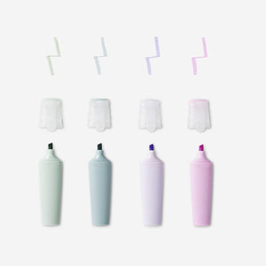 Set of four Flying Tiger Copenhagen office highlighters in bright colors on a white background.