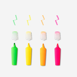 Set of four Flying Tiger Copenhagen office highlighters in bright colors, ideal for marking text and organizing documents.