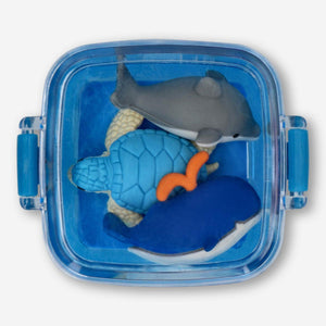 Set of three Flying Tiger Copenhagen sea animal erasers in a box, featuring colorful dolphin, starfish, and turtle designs.