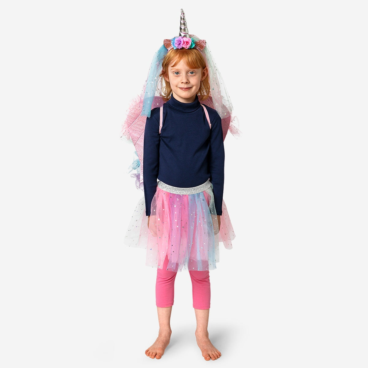 Child wearing a colorful party costume for ages 4-8 by Flying Tiger Copenhagen, perfect for festive dress-up occasions.