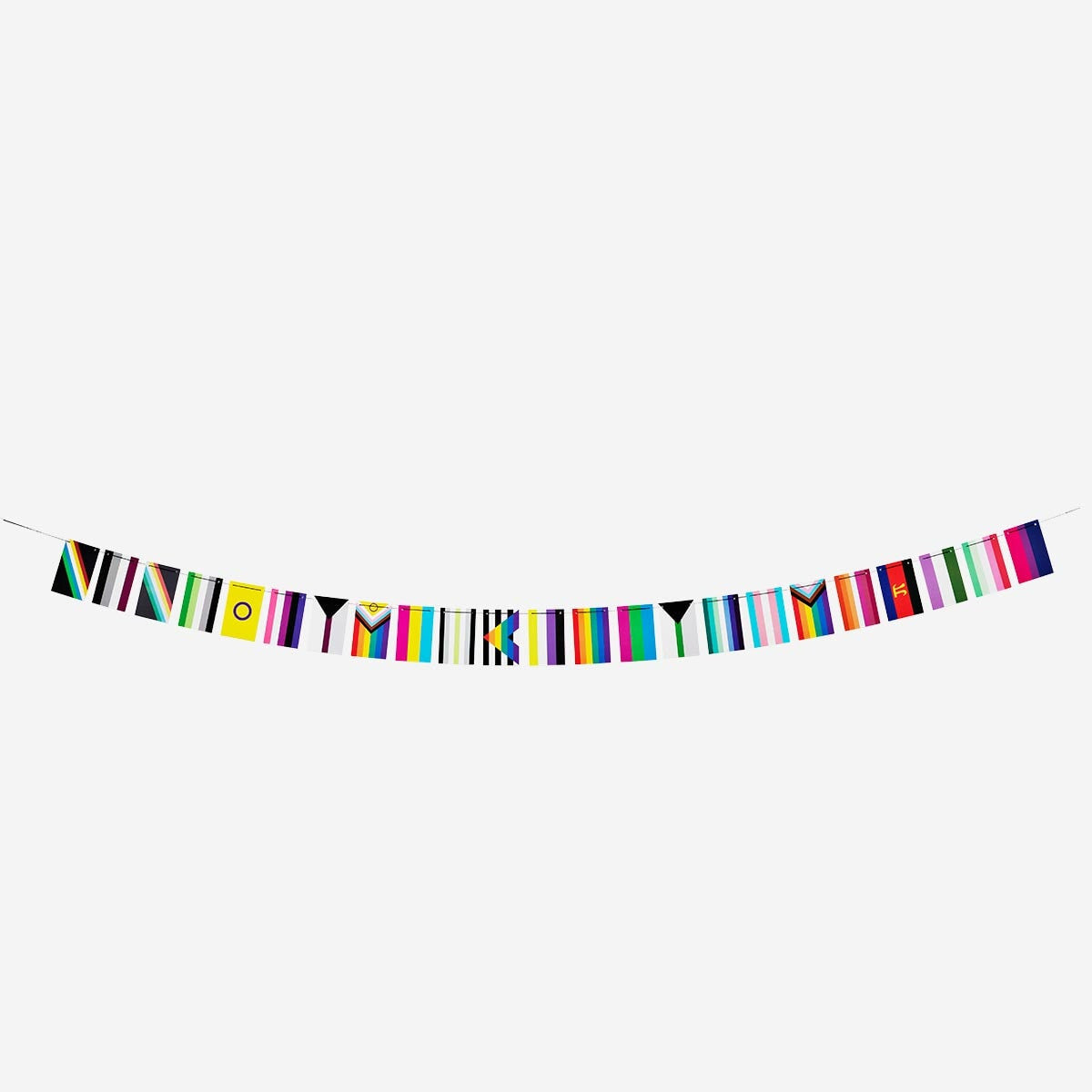 Colorful Flying Tiger Copenhagen party flag garland hanging with paper flags for celebration and decoration.