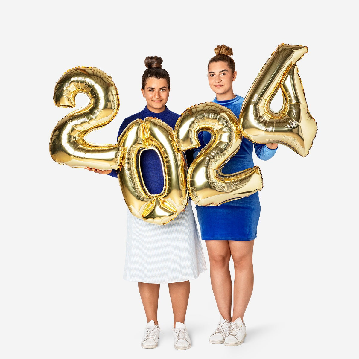 Flying Tiger Copenhagen 2024 foil balloons for party decoration, featuring shiny metallic surfaces and bold numbers.