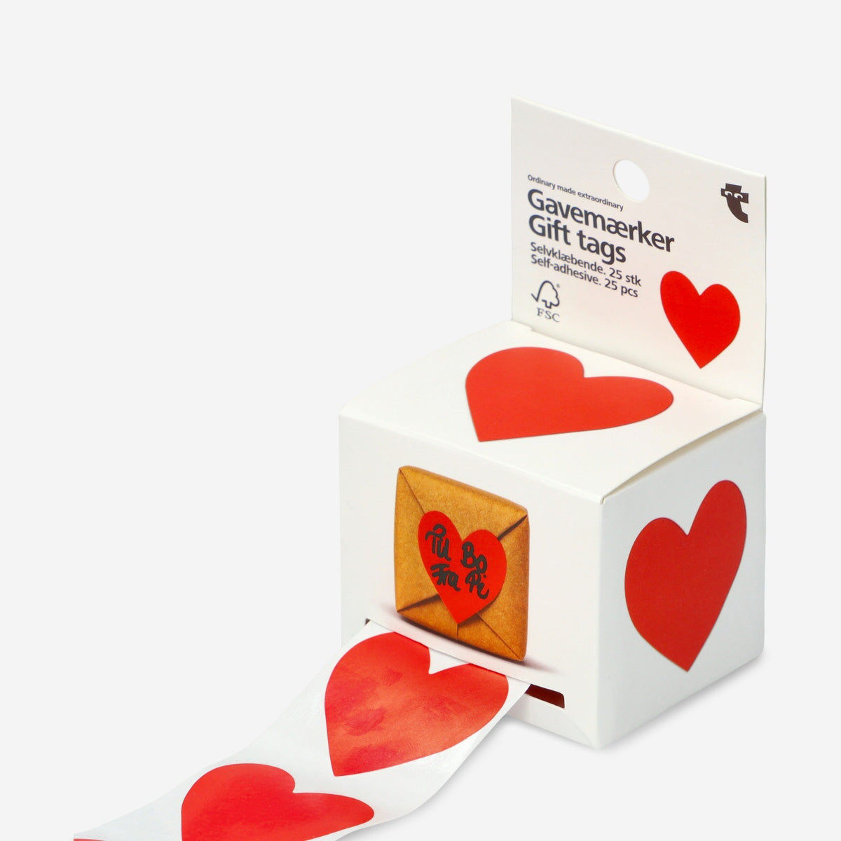 Heart-shaped self-adhesive gift tags for parties, 25 pack, from Flying Tiger Copenhagen, featuring bright, colorful designs.