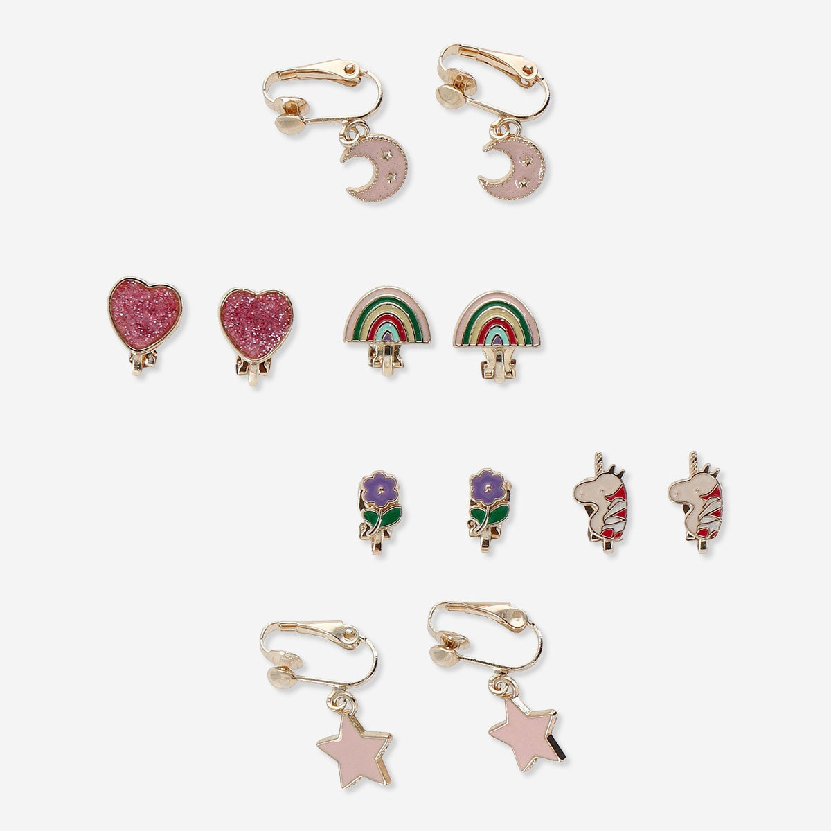 Set of six clip-on earrings from Flying Tiger Copenhagen, stylish personal care accessories with various designs.