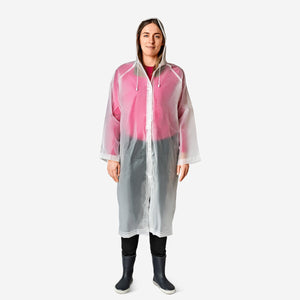 Adult L/XL Flying Tiger Copenhagen rain coat made of textile, displayed hanging with a hood and waterproof fabric.