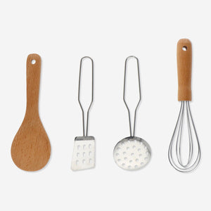 Toy play kitchen set with utensils from Flying Tiger Copenhagen, featuring four colorful kitchen accessories and utensils.