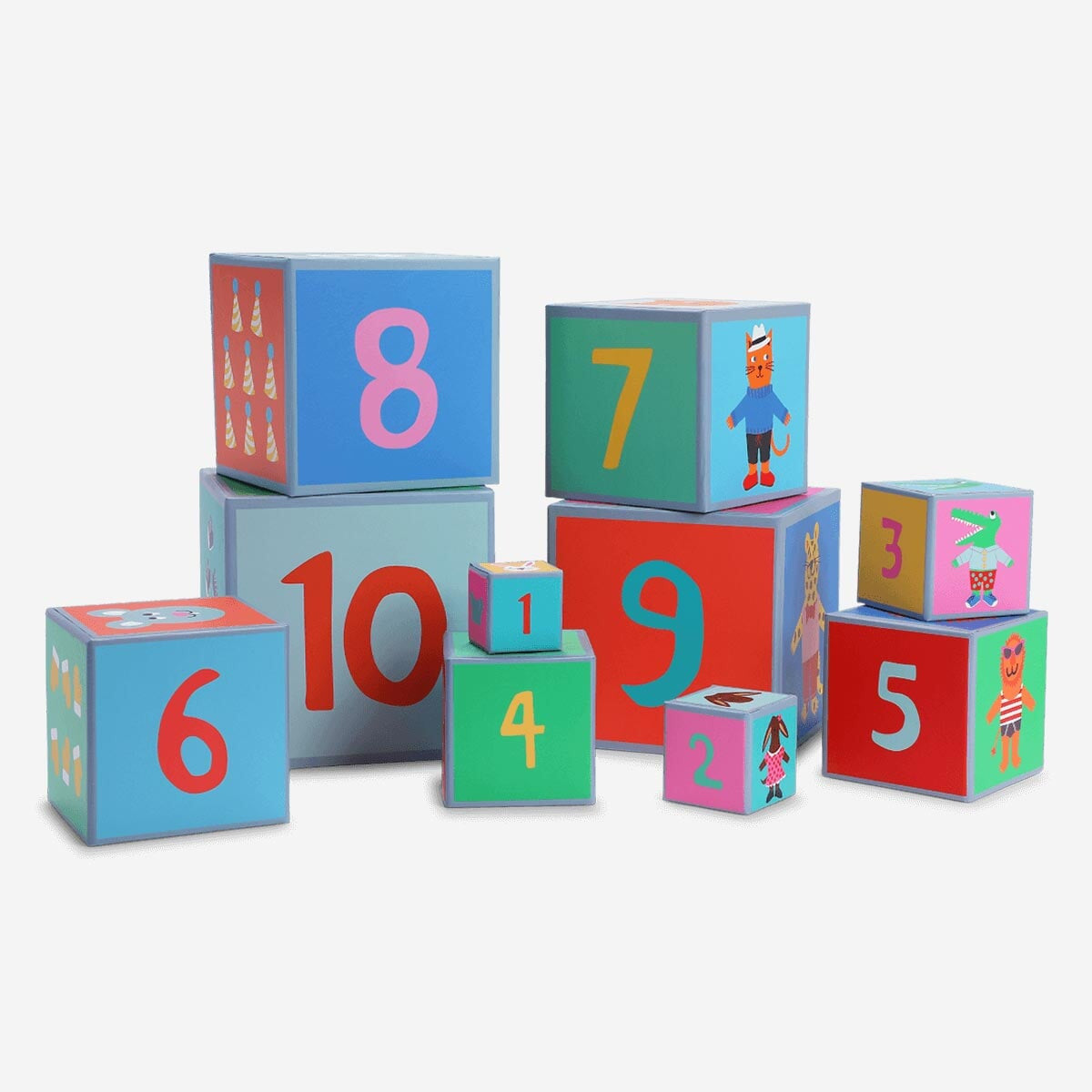Set of 10 colorful stacking toy boxes by Flying Tiger Copenhagen, ideal for kids' play and storage.